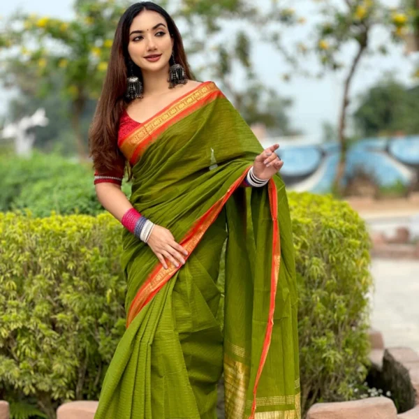 Olive Green Cotton Saree